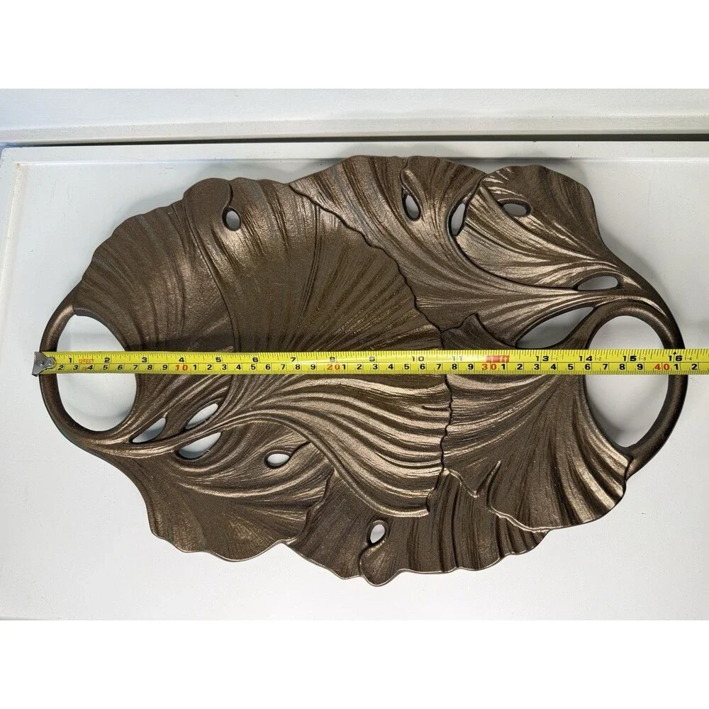 Decorative Ginkgo Leaf Serving Tray Bronze Copper Tone Metal Cutout Handles 16”